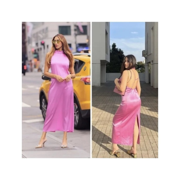 ZARA Light Pink High Neck Halter Backless Satin Midi Dress Medium Cocktail NEW - Picture 2 of 7